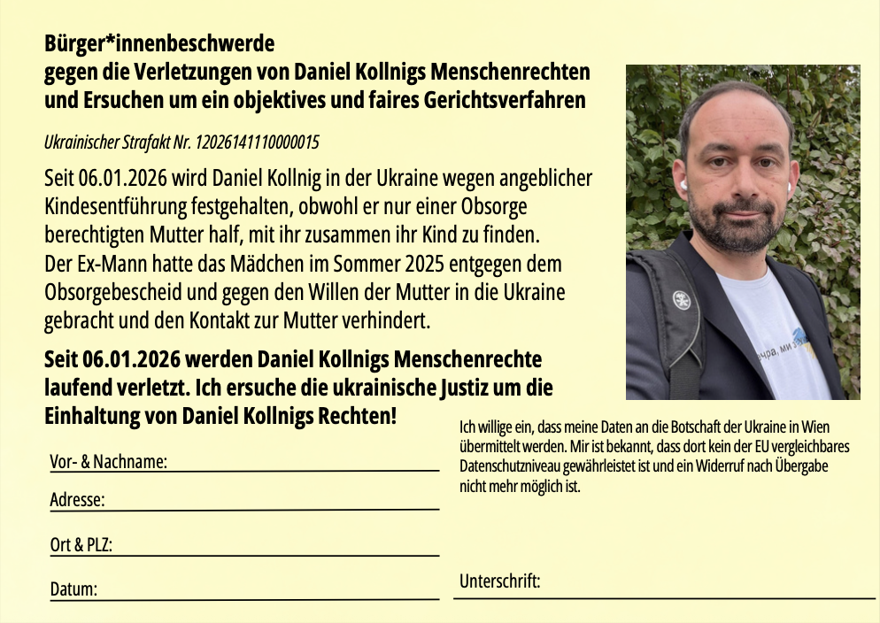Postkarte der Bürger*innenbeschwerde für Daniel Kollnig – vergrößert